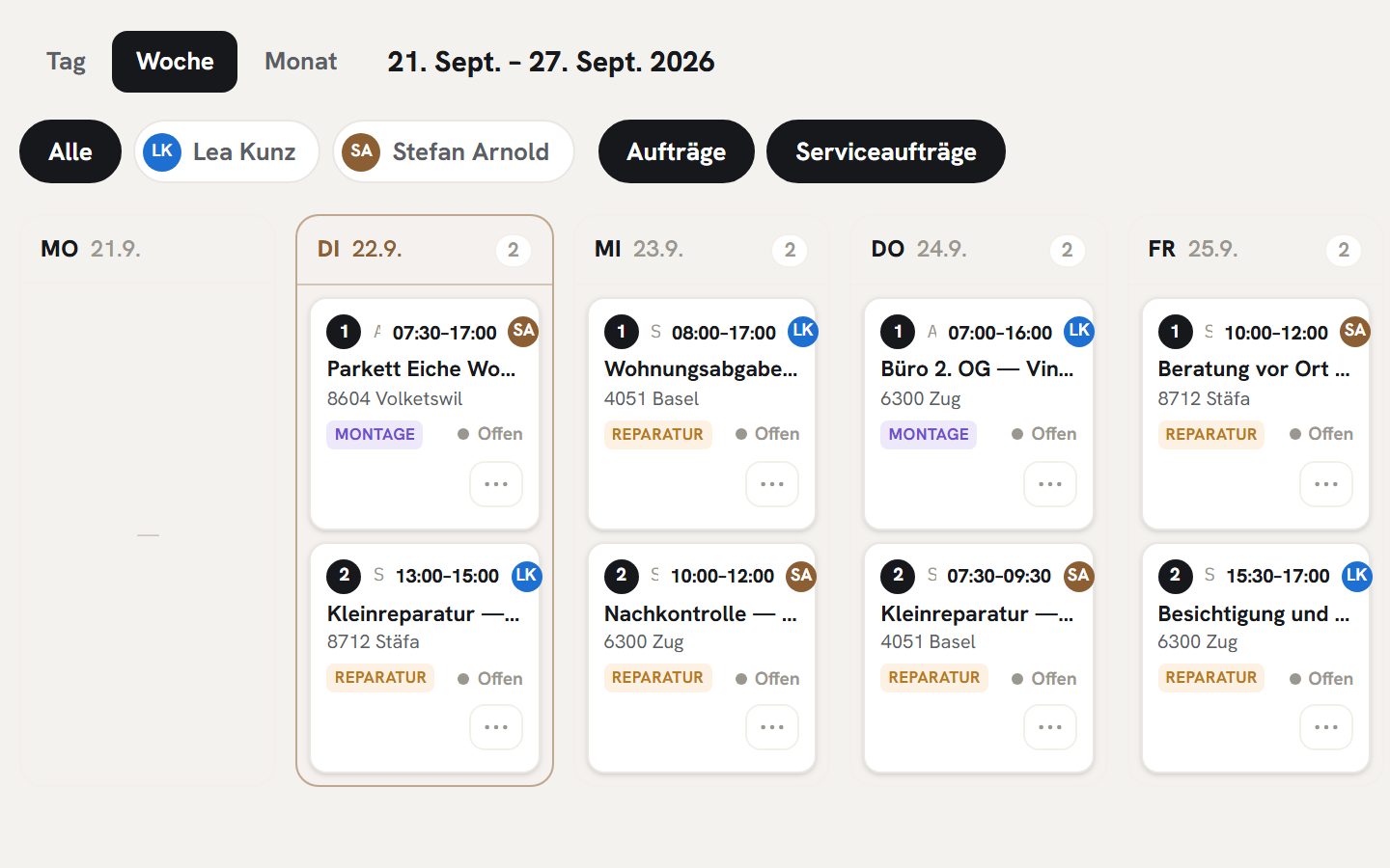 Der Wochenplan mit Verlegungen und Schleifarbeiten