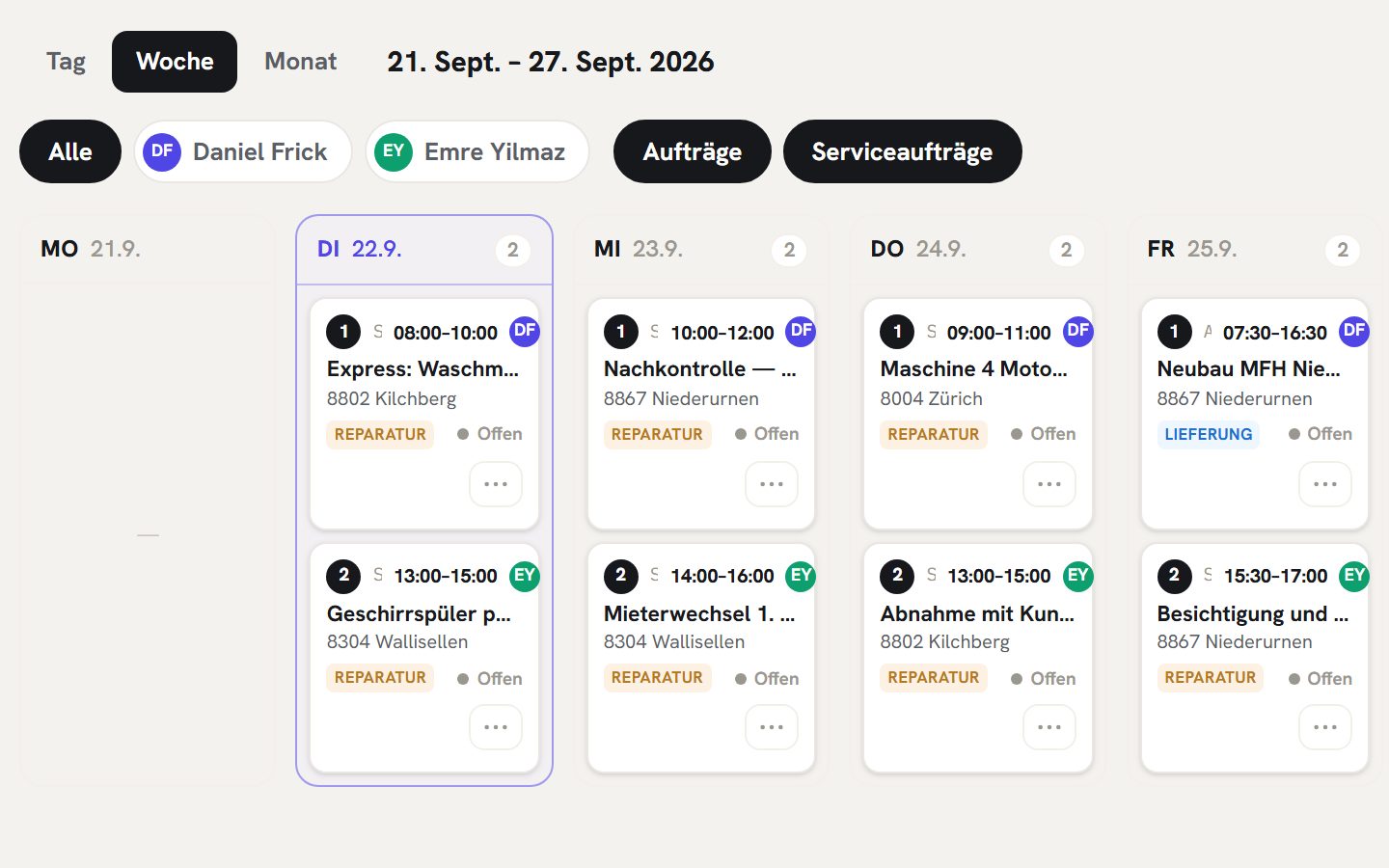 Der Wochenplan mit den Einsätzen von zwei Servicetechnikern