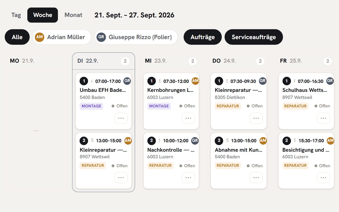 Der Wochenplan mit Baustellen von Polier und Maurer