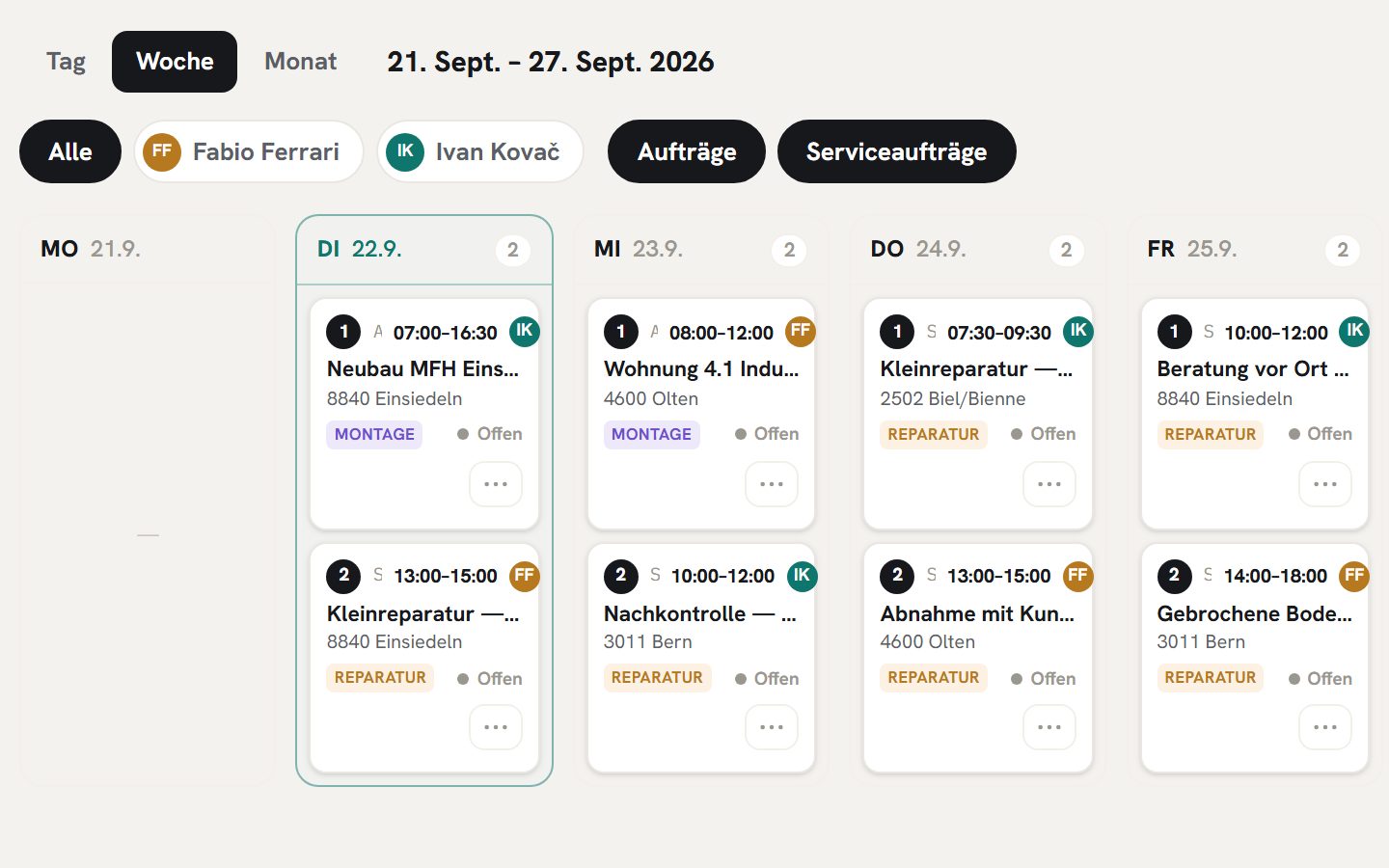 Der Wochenplan mit Bädern und einer Reparatur