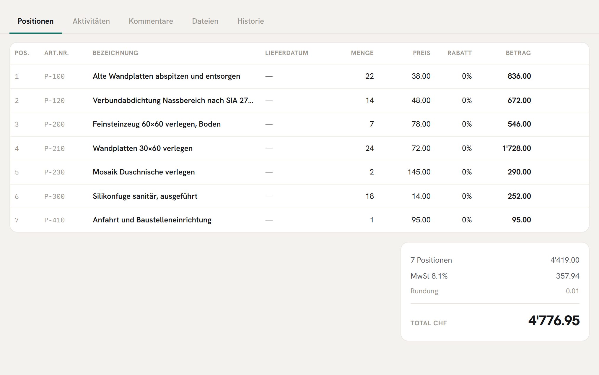 Eine Offerte für einen Badumbau mit Abdichtung, Platten und Silikonfugen
