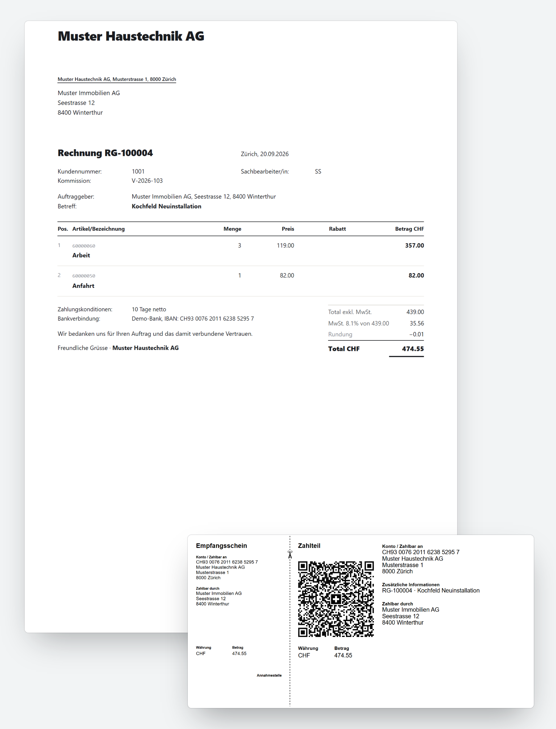 Eine Rechnung mit Firmenlogo und Schweizer QR-Einzahlungsschein